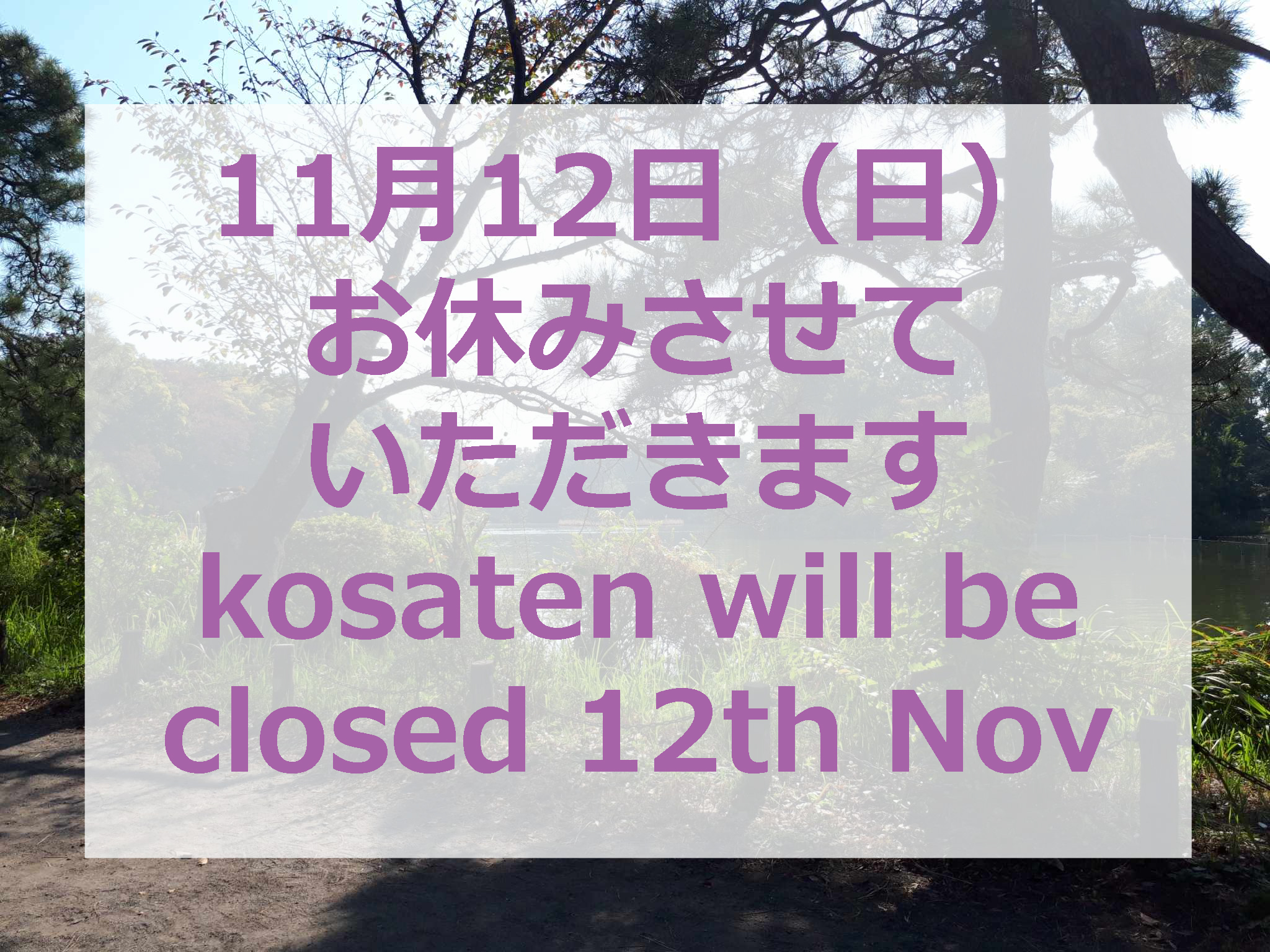 11月12日（日）お休みにさせていただきます。